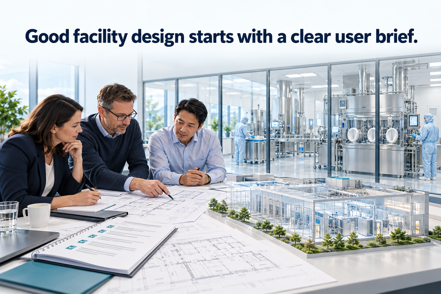 Conceptual illustration of a team reviewing a cleanroom facility user brief